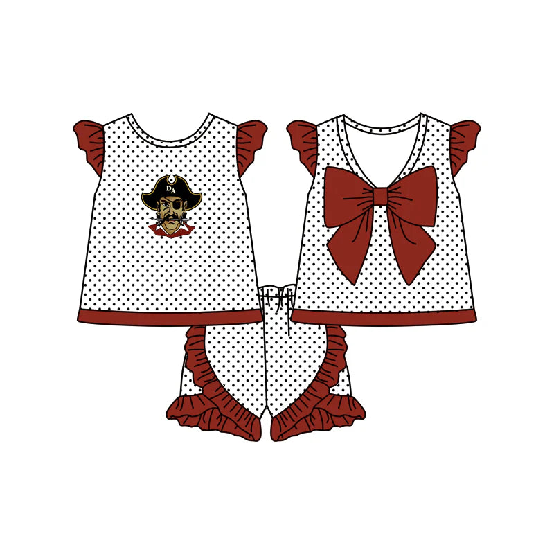 7.4Preorder (moq 5)Baby Girls Wine RAIDERS Top Ruffle Shorts Team Sets