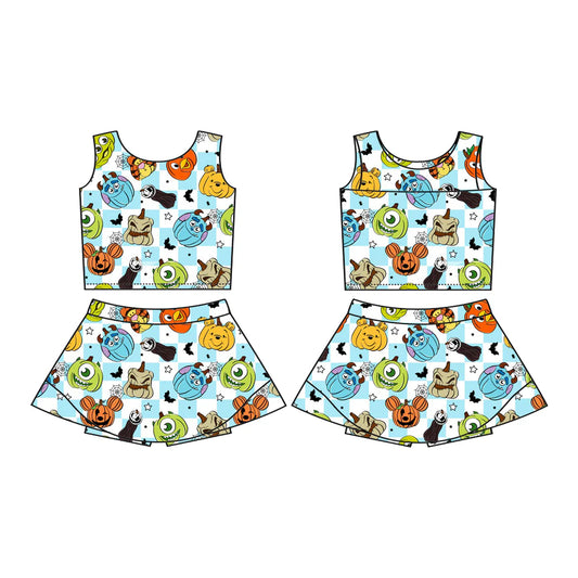 7.18Preorder (moq 5)Baby Girls Sleeveless Cartoon Pumpkins Plaid Vest Top Skorts Set