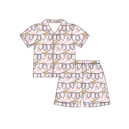 X12.17 Preorder (moq 5)Baby Girls Pink Rabbits Chicks Checked Button Top Shorts Easter Pajamas Sets