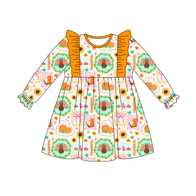 7.21Preorder (moq 5)Baby Girls Long Ruffle Sleeves Turkey Pumpkins Plaid Knee Length Dresses