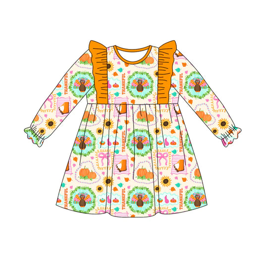 7.21Preorder (moq 5)Baby Girls Long Ruffle Sleeves Turkey Pumpkins Plaid Knee Length Dresses