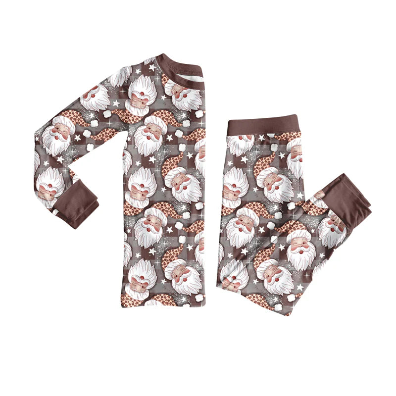 7.31Preorder(moq 5) Baby Girls Brown Long Sleeves Santa Plaid Top Pant Pajamas Set