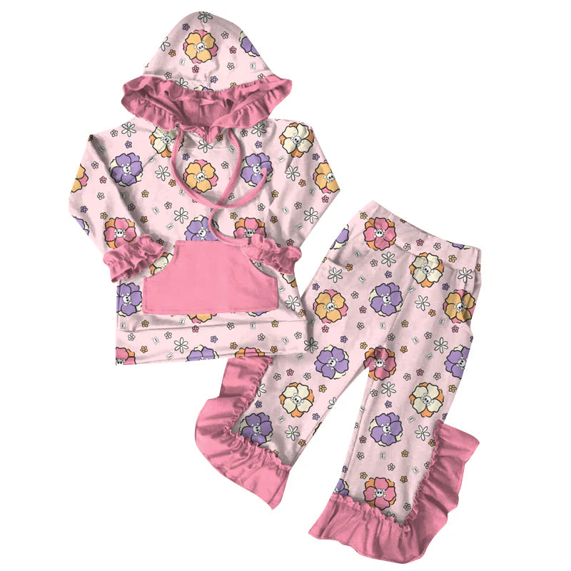 7.10Preorder (moq 5)Baby Girls Long Sleeves Lavender Flowers Pockets Hoodie Ruffle Pant Clothes Set
