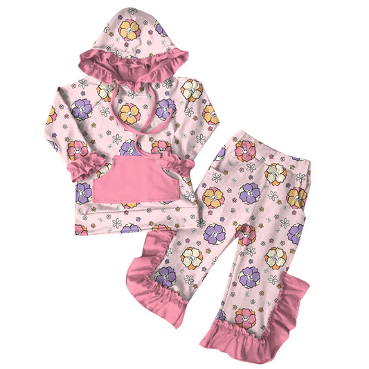 7.10Preorder (moq 5)Baby Girls Long Sleeves Lavender Flowers Pockets Hoodie Ruffle Pant Clothes Set