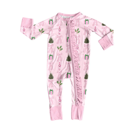 8.12Preorder(moq 5)Baby Girls Christmas Pink Bow Soldier Zipper Footie Rompers