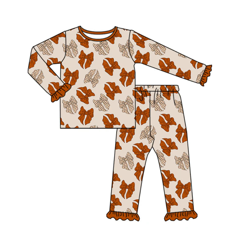 7.30Preorder(moq 5) Baby Girls Long Ruffle Sleeves Khaki Bows Plaid Top Pants Pajamas Set