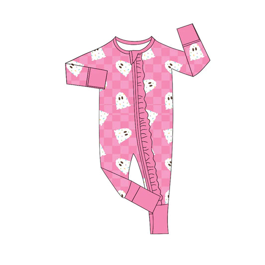 7.16Preorder (moq 5)Baby Girls Long Sleeves Pink Ghosts Plaid Ruffle Zipper Romper