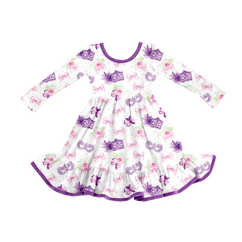 X908Preorder (moq 5)Baby Girls Mardi Gras Flowers Masks Bows Ruffle Knee Length Dresses