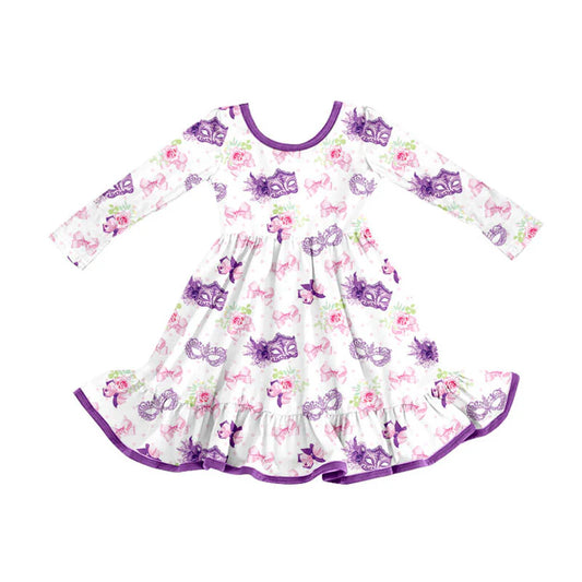X908Preorder (moq 5)Baby Girls Mardi Gras Flowers Masks Bows Ruffle Knee Length Dresses