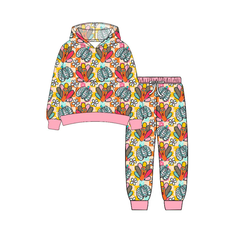 7.10Preorder (moq 5)Baby Girls Long Sleeves Pink Plaid Flowers Turkey Pockets Hoodie Pant Clothes Set