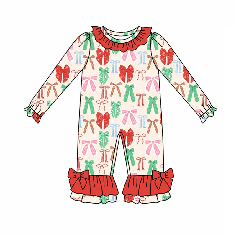 8.6Preorder(moq 5)Baby Infant Girls Green Red Bows Plaid Ruffle Pant Christmas Rompers