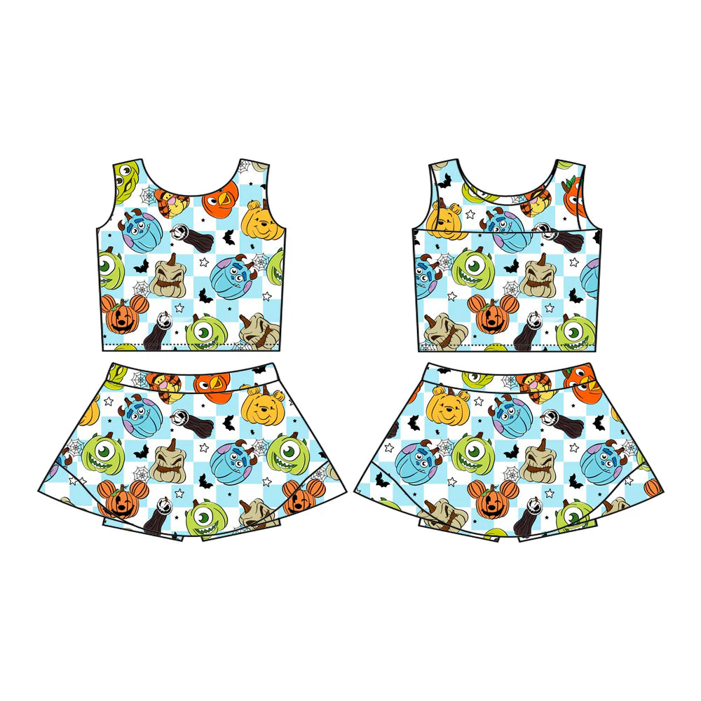 7.22Preorder (moq 5)Baby Girls Sleeveless Cartoon Pumpkins Plaid Vest Top Skorts Set