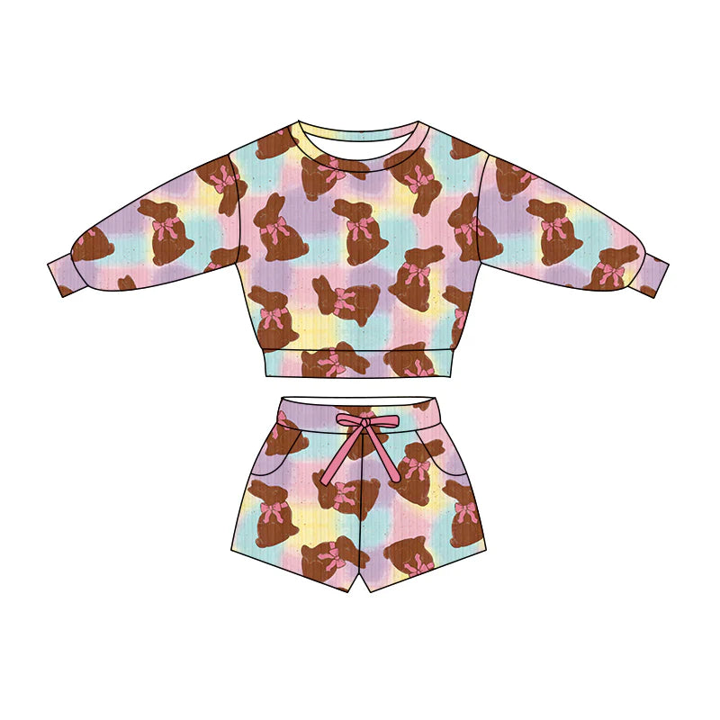 X1.16Preorder (moq 5)Baby Girls Tie-dye Bow Rabbits Top Pockets Shorts Easter Clothes Sets