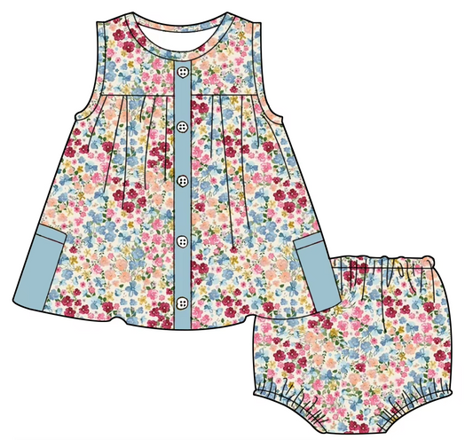 6.10 Blue Pocket Floral Baby Suit