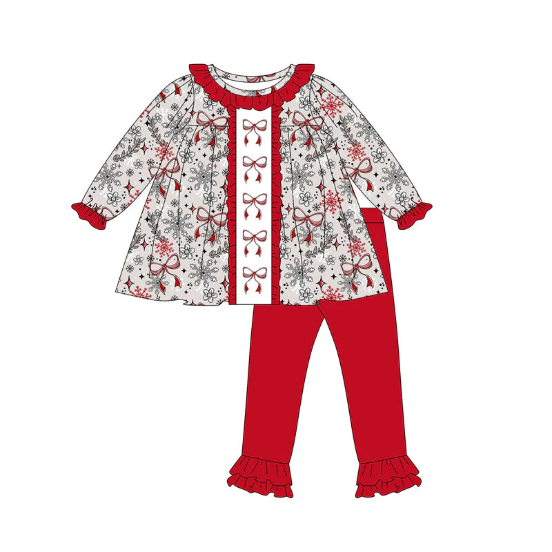7.10Preorder (moq 5)Baby Girls Long Sleeves Bows Snowflake Tunic Ruffle Pant Clothes Set