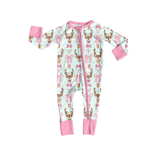 7.16Preorder (moq 5)Baby Girls Long Sleeves Pink Bows Deer Candy Cane Plaid Zipper Romper