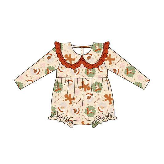 7.19Preorder(moq 5)Baby Girls Santa Holly Gingerbread Ruffle Rompers