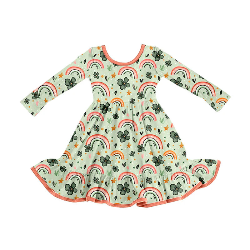 X926Preorder (moq 5)Baby Girls Clovers Rainbows St Patrick Ruffle Knee Length Dresses