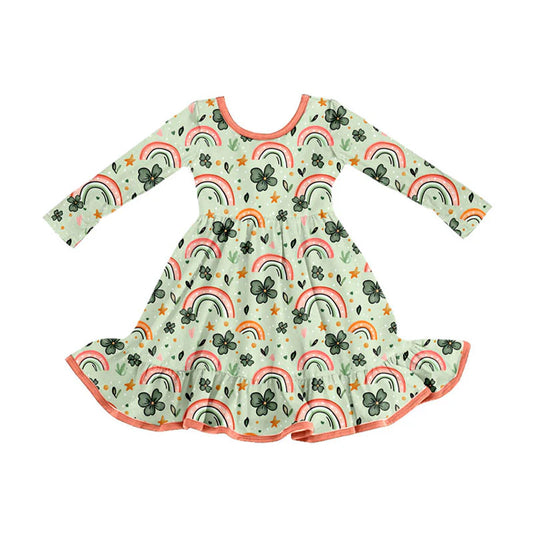 X926Preorder (moq 5)Baby Girls Clovers Rainbows St Patrick Ruffle Knee Length Dresses