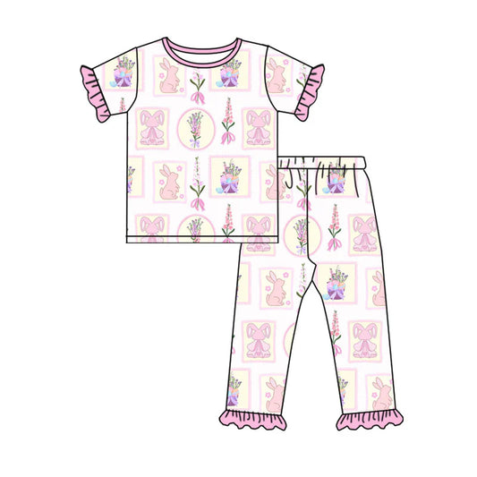 X923Preorder (moq 5)Baby Girls Flowers Rabbits Checked Top Ruffle Pants Easter Pajamas Sets
