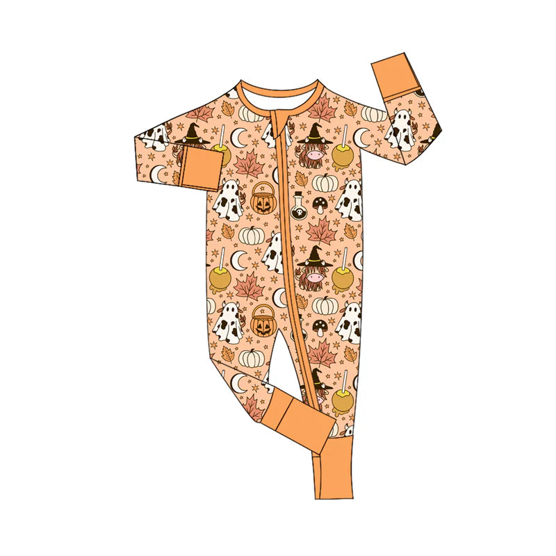 7.16Preorder (moq 5)Baby Girls Long Sleeves Ghost Pumpkins Plaid Zipper Romper
