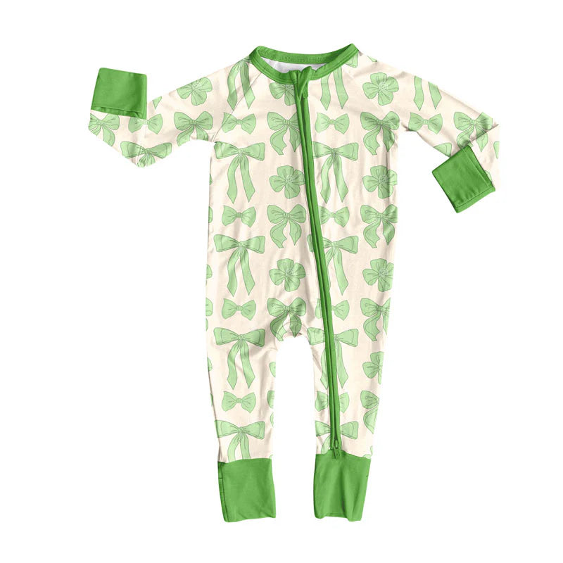 X919Preorder (moq 5)Baby Girls Light Green Bows St Patrick Zipper Footie Rompers