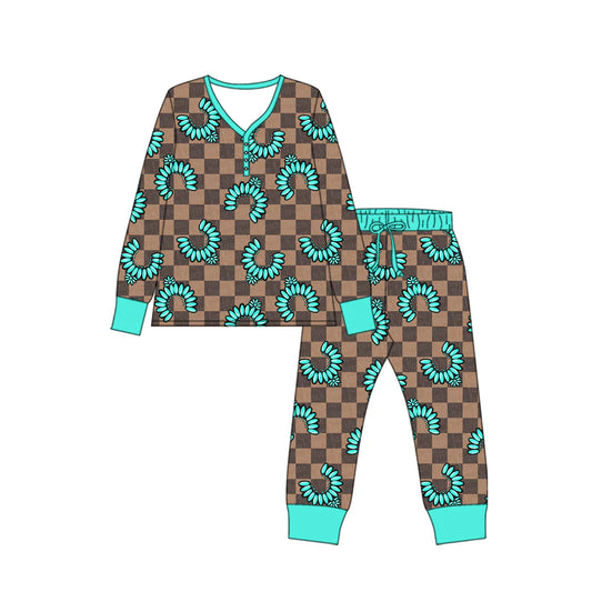 X918Preorder (moq 5)Baby Kids Long Sleeve Khaki Checked Turquoises Top Pants Western Pajamas Sets