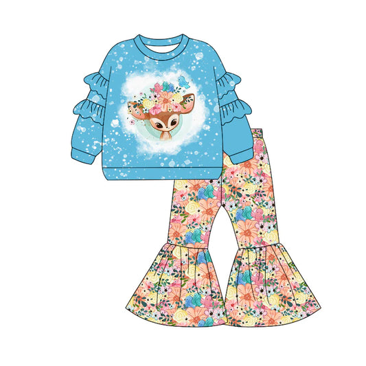 7.12Preorder (moq 5)Baby Girls Blue Long Sleeves Floral Deer Top Bell Bottom Pant Clothes Set