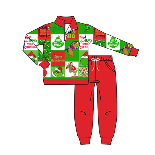 X927Preorder (moq 5)Baby Boys Green Face Zipper Pullover Pockets Jogger Christmas Clothes Sets