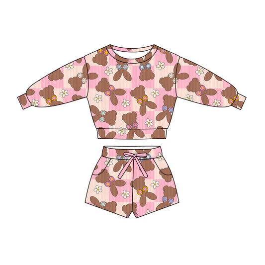 X1.16Preorder (moq 5)Baby Girls Rabbits Flowers Checked Top Pockets Shorts Easter Clothes Sets
