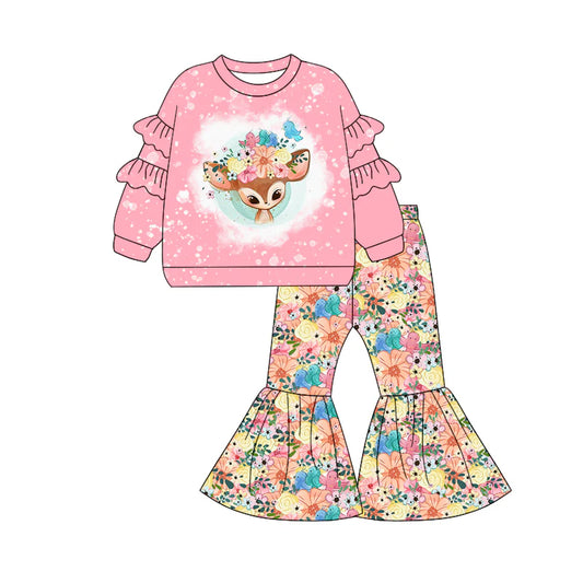7.12Preorder (moq 5)Baby Girls Pink Long Sleeves Floral Deer Top Bell Bottom Pant Clothes Set