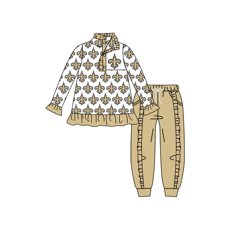 7.30preorder(moq 5) Baby Girls Khaki Saint Team Long Sleeve Top Ruffle Pants Clothes Sets