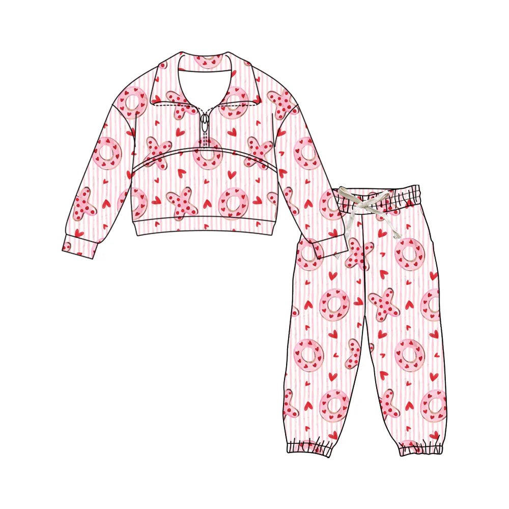 X1.16Preorder (moq 5)Baby Girls Pink Stripe Hearts XOXO Zipper Pullover Pants Valentines Clothes Sets