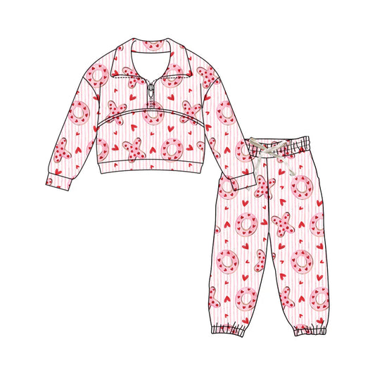 X1.16Preorder (moq 5)Baby Girls Pink Stripe Hearts XOXO Zipper Pullover Pants Valentines Clothes Sets