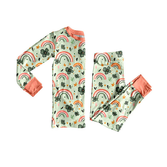 X927Preorder (moq 5)Baby Girls Clovers Rainbows Top Pants St Patrick Pajamas Sets