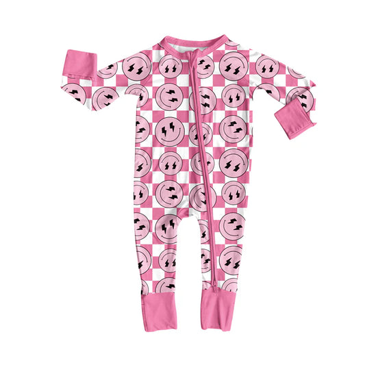 X8.15Baby Infant Western Pink Checkered Smiles Zipper Footie Rompers