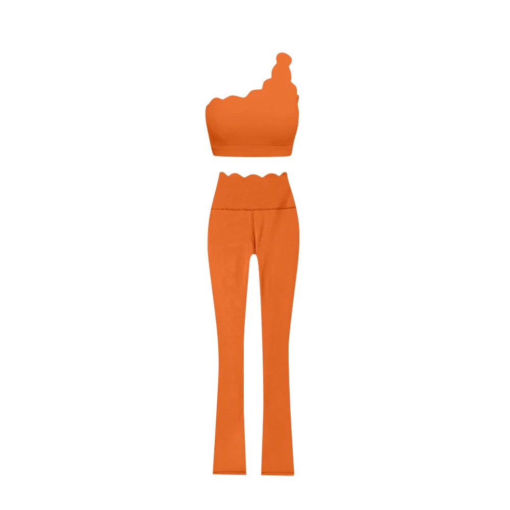 6.28Preorder (moq 5)Baby Girls Orange One Shoulder Scallop Top Bell Bottom Pants Yoga Sets