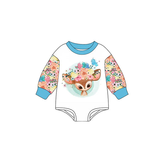 7.16Preorder (moq 5)Baby Girls Blue Long Sleeves Flowers Deer Birds Romper