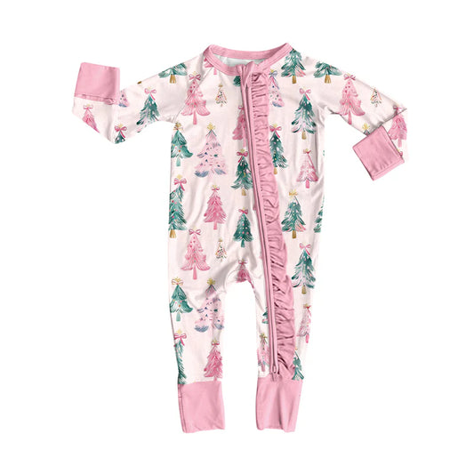 8.12Preorder(moq 5)Baby Girls Christmas Pink Trees Bows Zipper Footie Rompers