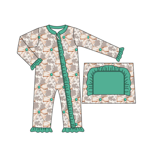 7.19Preorder moq 5 Baby Girls Long Sleeves Cow Print Bows Plaid Ruffle Zipper Pant Rompers