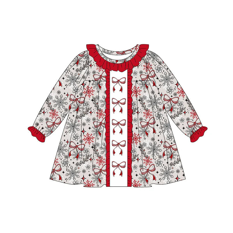 7.11Preorder (moq 5)Baby Girls Long Ruffle Sleeves Red Bows Snowflake Knee Length Dresses