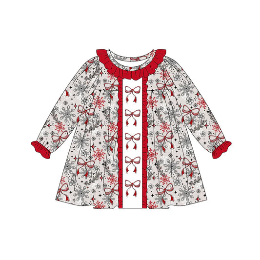 7.11Preorder (moq 5)Baby Girls Long Ruffle Sleeves Red Bows Snowflake Knee Length Dresses