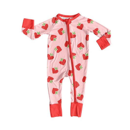 X920Preorder (moq 5)Baby Girls Strawberry Hearts Valentine Zipper Footie Rompers