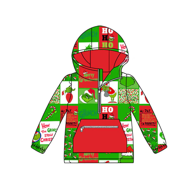 X101Preorder (moq 5)Baby Boys Green Faces Checked Pocket Zipper Christmas Ruffle Hoodies Top