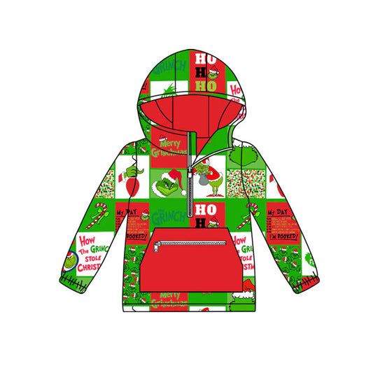 X101Preorder (moq 5)Baby Boys Green Faces Checked Pocket Zipper Christmas Ruffle Hoodies Top