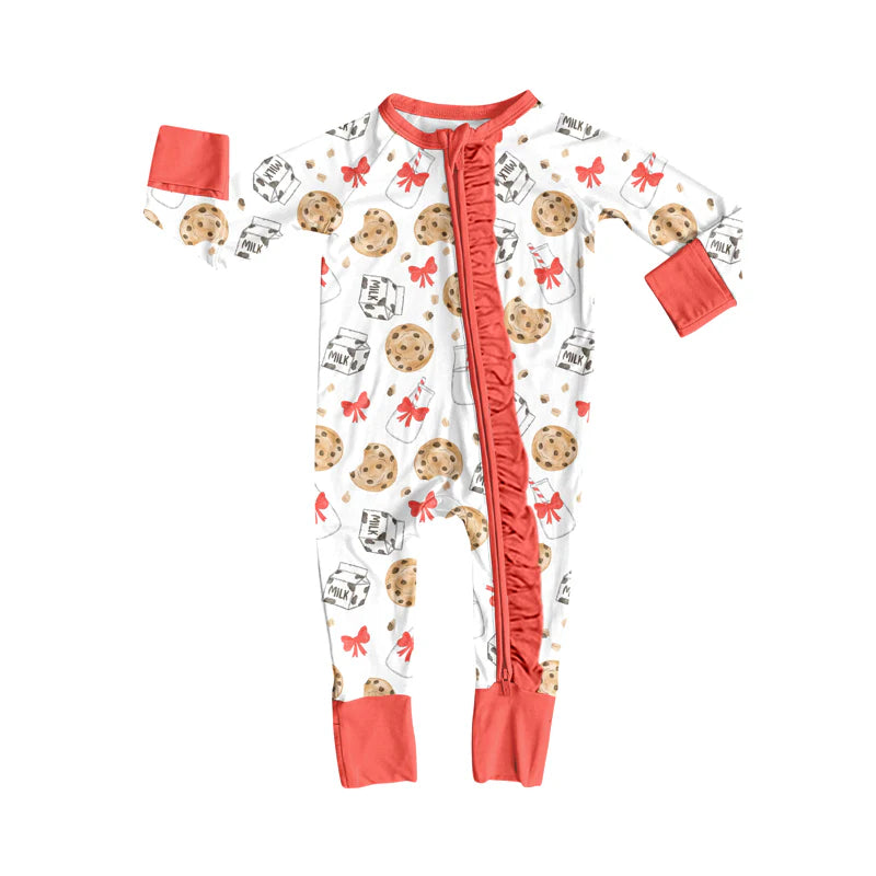 X8.14Baby Girls Christmas Cookie Milk Zipper Footie Rompers