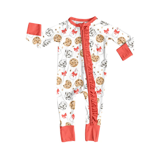 X8.14Baby Girls Christmas Cookie Milk Zipper Footie Rompers