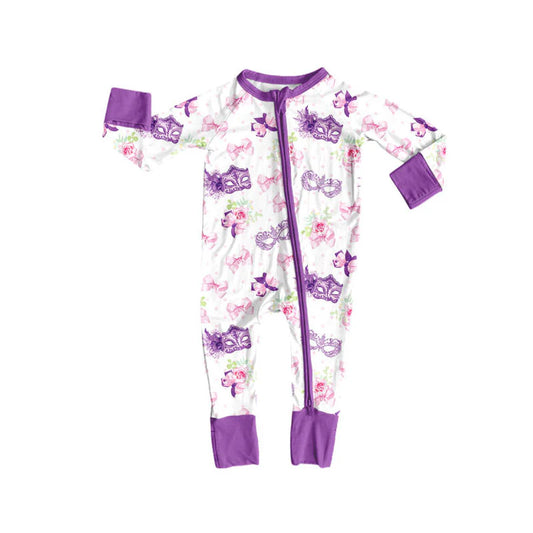 X908 Preorder (moq 5)Baby Girls Mardi Gras Bows Flowers Masks Zipper Footie Rompers