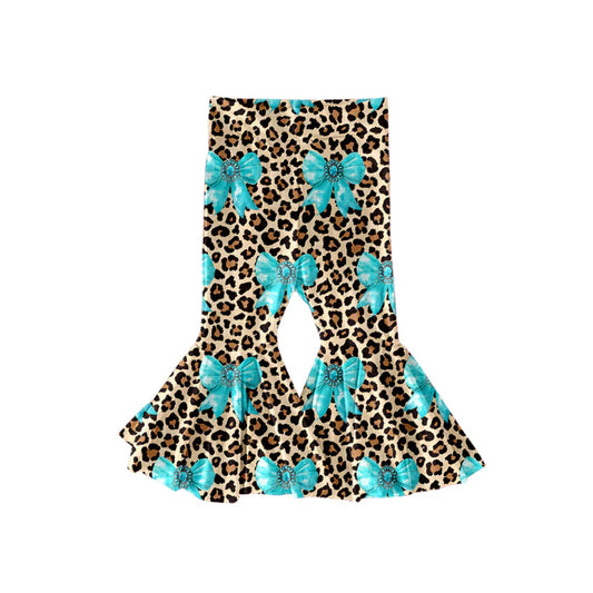 X11.19Preorder(moq 5) Baby Girls Blue Turquoise Bows Leopard Western Ruffle Bell Bottom Pants