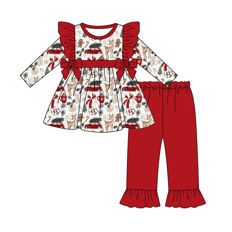 7.21Preorder (moq 5)Baby Girls Long Sleeves Deer Gingerbread Bows Tunic Ruffle Pants Set